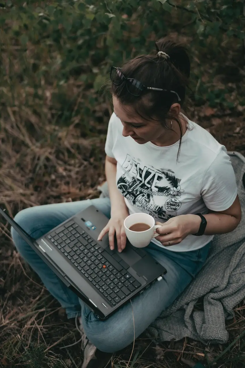 young woman, computer, notebook, coffee